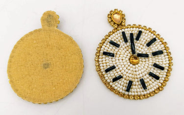 Wall Clock Beaded Applique, Hand Embroidered In White And Gold Beads, Beaded Motif